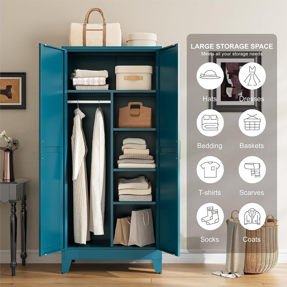 Metal Armoire Wardrobe Closet, Blue Farmhouse Storage Cabinet with Adjustable...
