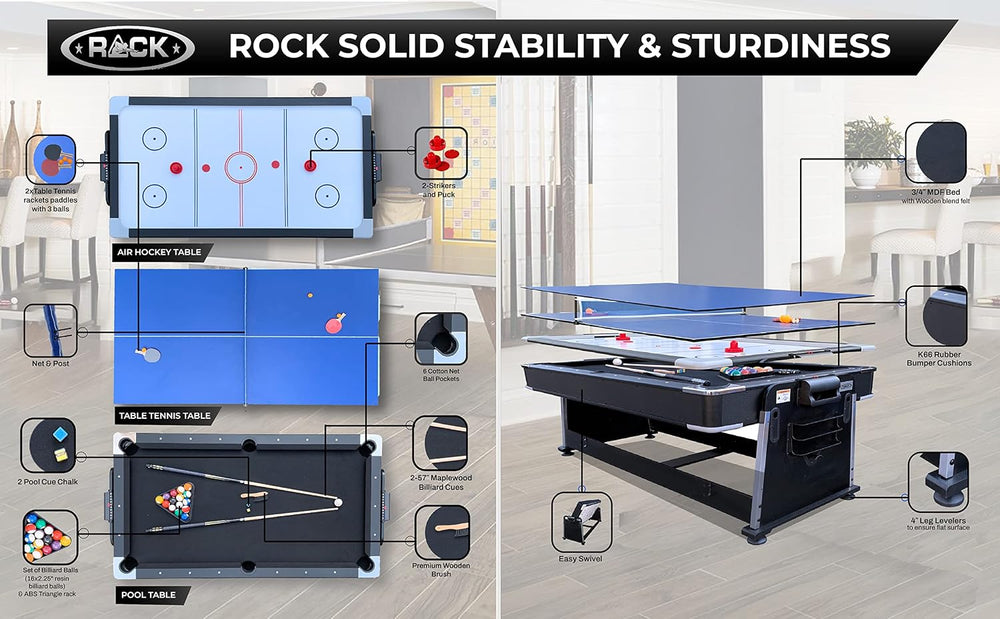 RACK Triad 7-Foot 3-in-1 Multi-Game Swivel Table - Billiards/Pool, Table Tenn...