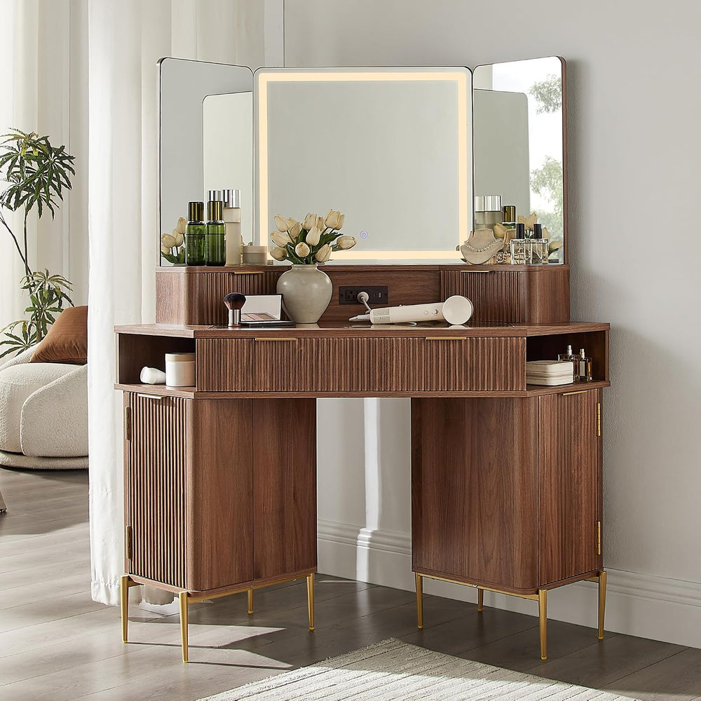 T4TREAM 48" Corner Makeup Vanity with Lighted Triple Mirror, Light Walnu...