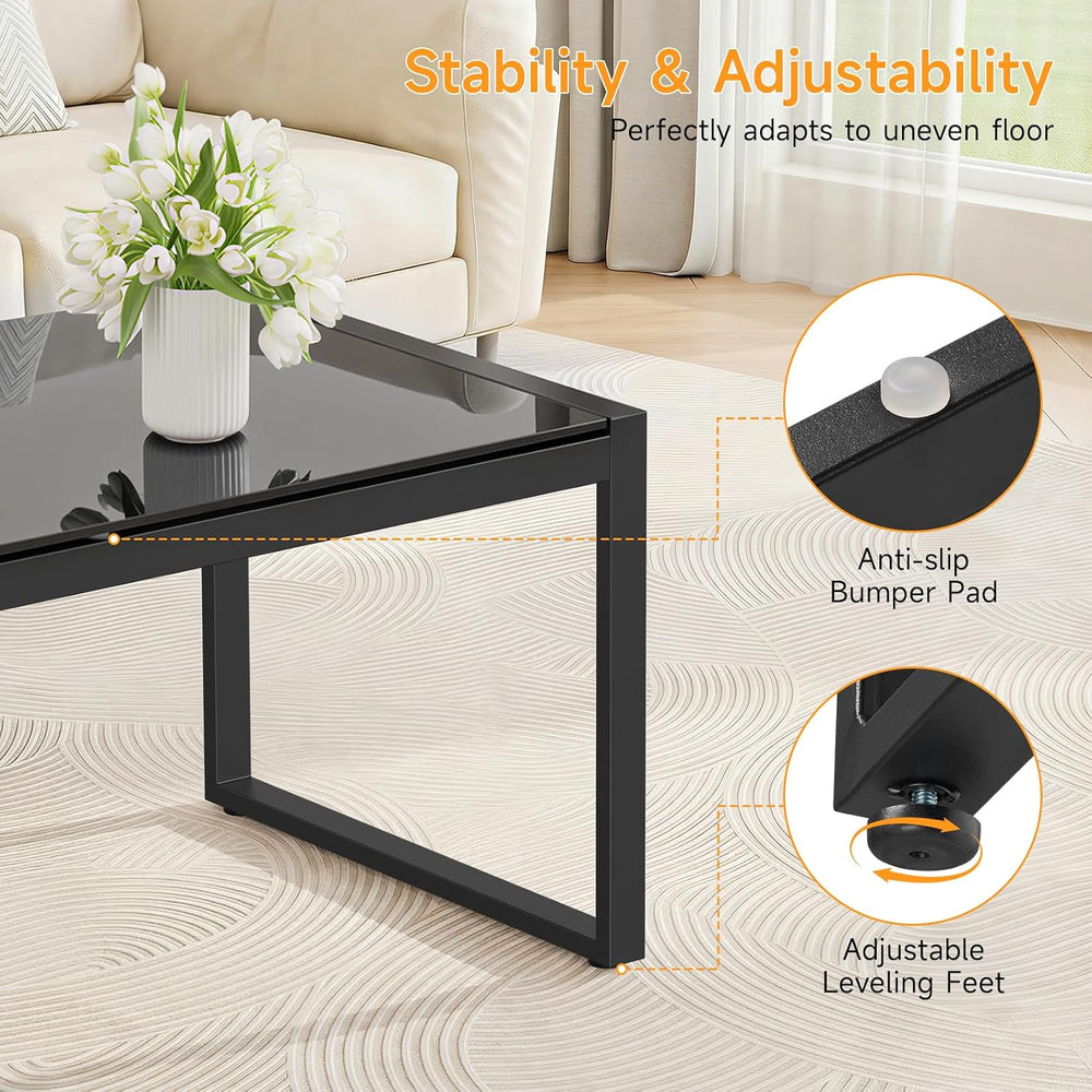 ONBRILL Rectangle Coffee Table with Tempered Glass Desktop, Black
