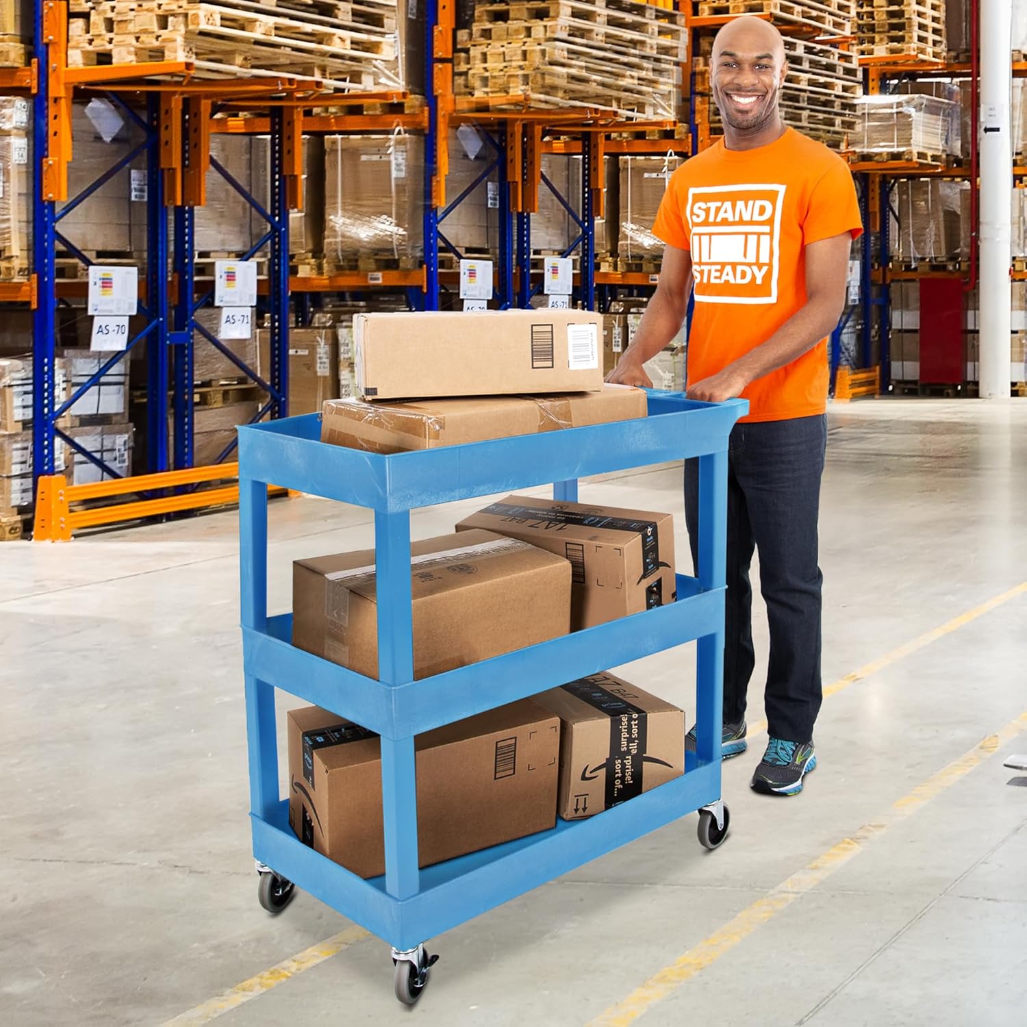 Stand Steady Tubstr 3 Shelf Utility Cart | Made in USA | Heavy Duty Tub Cart Holds Up to 300 lbs. | Storage Cart & Rolling Tool Cart for School, Office, Garage & Warehouse (32 x 24in / Blue)
