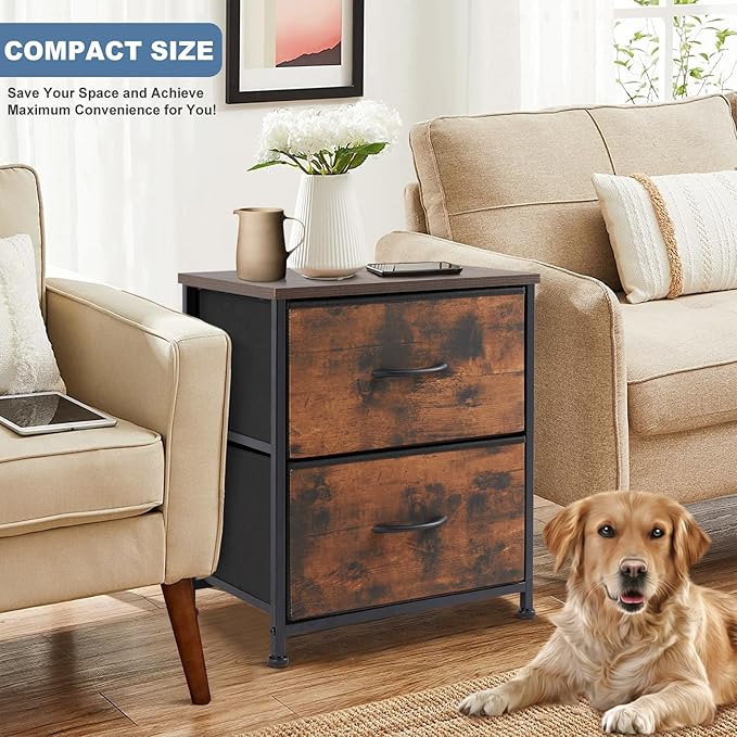 DUMOS Nightstand Small Dresser with 2 Fabric Drawers Side Bedroom End Table Kids Bedside Storage Furniture for 20 inch Tall Night Stand for Closet, Entryway, College Dorm, Rustic Brown