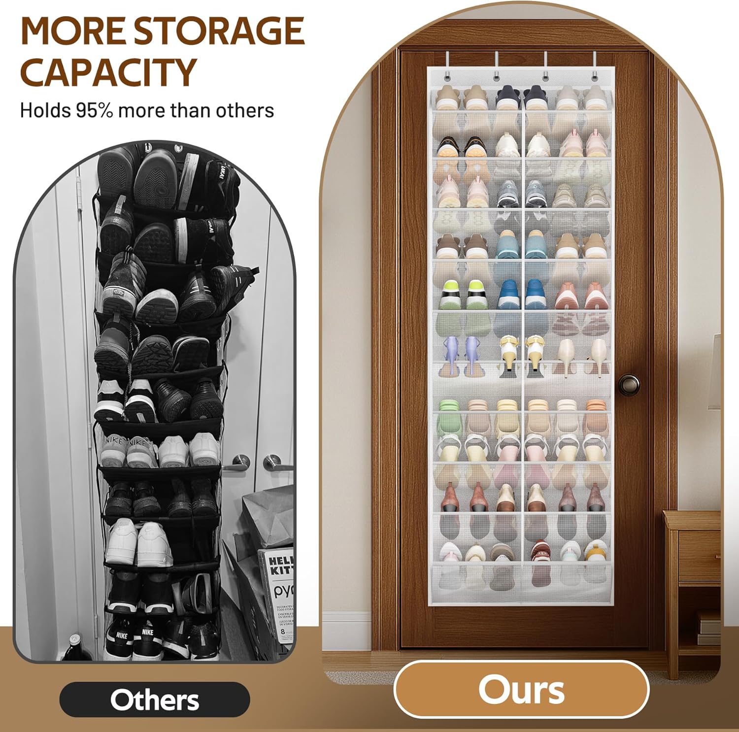MISSLO 30 Pairs Over the Door Shoe Organizer Breathable Mesh Hanging Shoe Rack for Closet Storage with Wide Deep Pockets 10 Tier Shoes Holder Fit All the Family's Sneakers, Boots, Heels (White, 71")