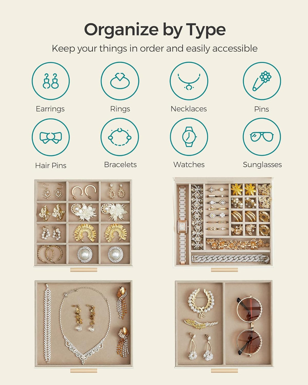 SONGMICS Jewelry Box Organizer with Glass Lid, 4-Layer Jewelry Storage, with 3 Drawers, Modern Style, Christmas Gift, 8 x 9.1 x 6.5 Inches, Cloud White and Gold Color UJBC173W01