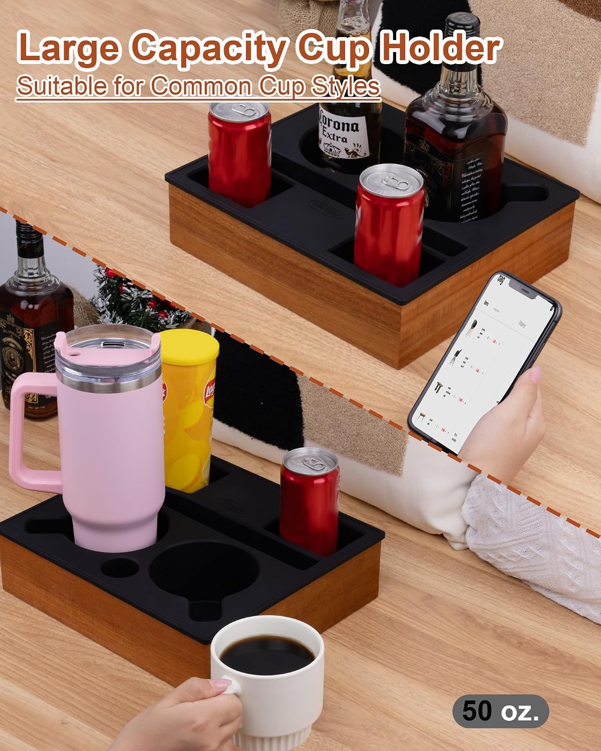 Couch Cup Holder Tray, Portable Silicone Acacia Wooden Double Cup Holder for Couch, Sofa Tray with 360°Rotating Phone & Pad Holder, Anti-Spill TV Tray for Living Room Car Black