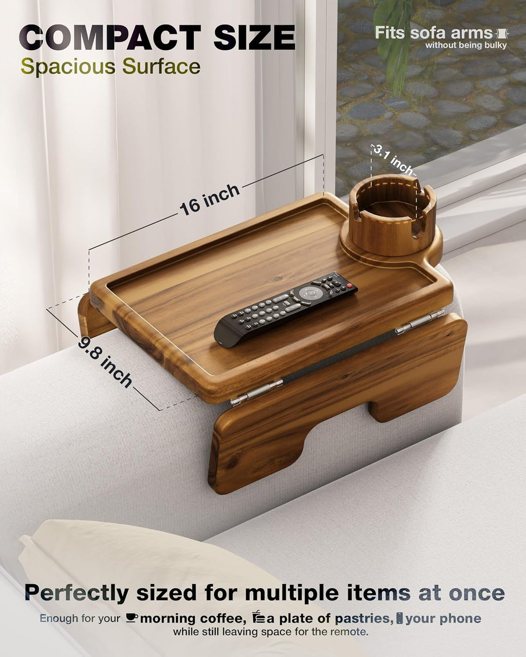 Bluewest 3-in-1 Couch Cup Holder Tray & Sofa Arm Tray, Acacia, 16 x 9.8 in | Clip-on side table with 360-degree cup holder, double SS304 hinges and non-slip design for TV dinners, remotes and drinks.
