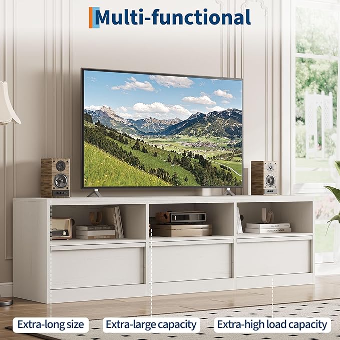 IDEALHOUSE 70 inch TV Stand for 80" TVs, Mid Century Modern Entertainment Center with Storage Drawer & Open Shelves, Wood Media Console Cabinet for Living Room/Bedroom, White