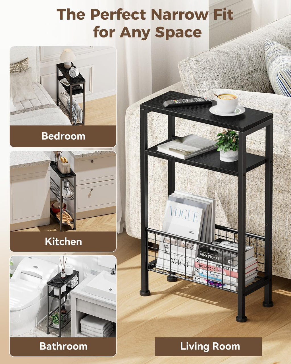 Karii Narrow Side Table, Skinny End Table for Small Spaces with Storage, 3-Tier Slim Wooden Bedside Nightstand Thin Couch Table for Living Room Bedroom Office Dorm Kitchen Bathroom (2, Black)