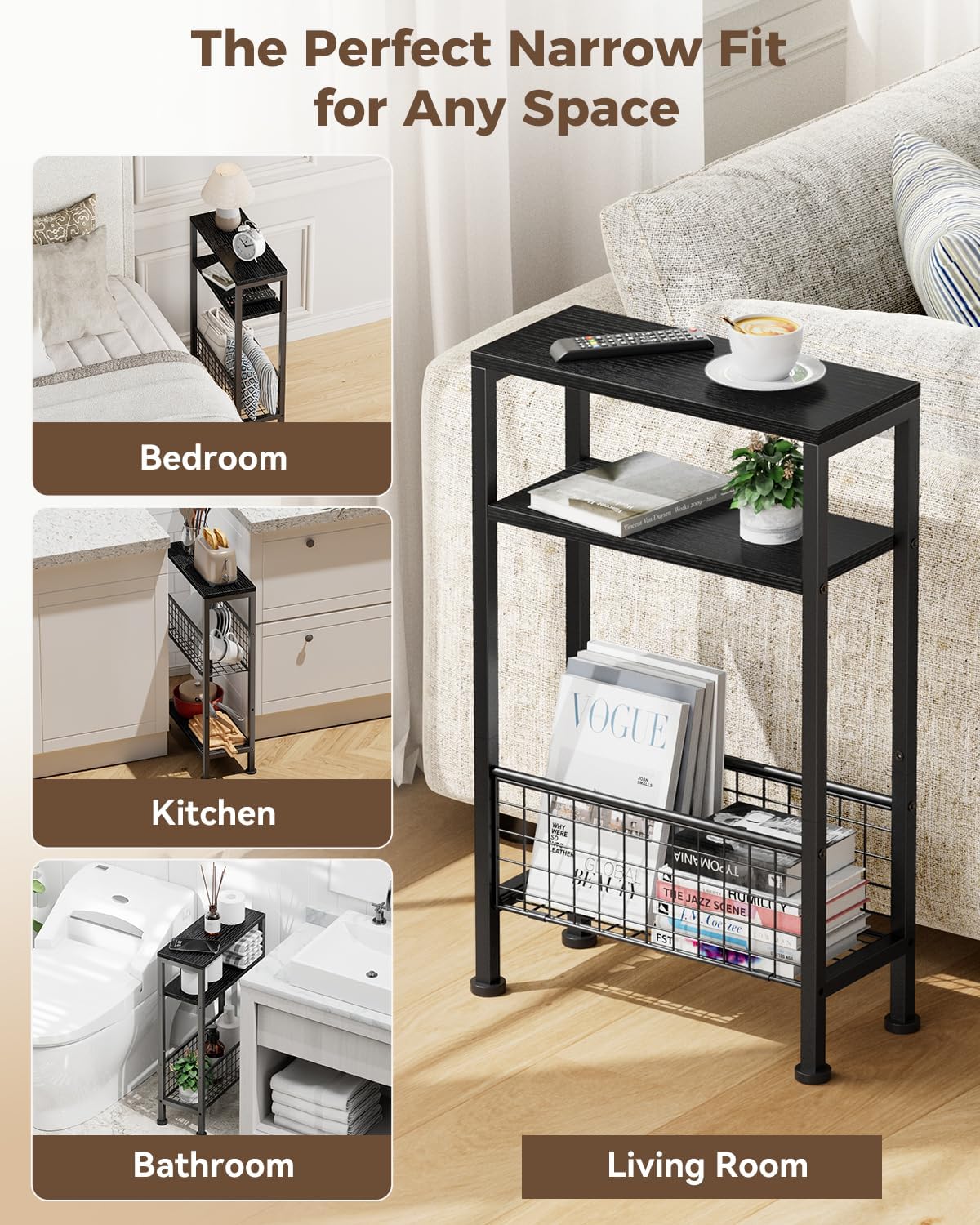 Karii Narrow Side Table, Skinny End Table for Small Spaces with Storage, 3-Tier Slim Wooden Bedside Nightstand Thin Couch Table for Living Room Bedroom Office Dorm Kitchen Bathroom (2, Black)