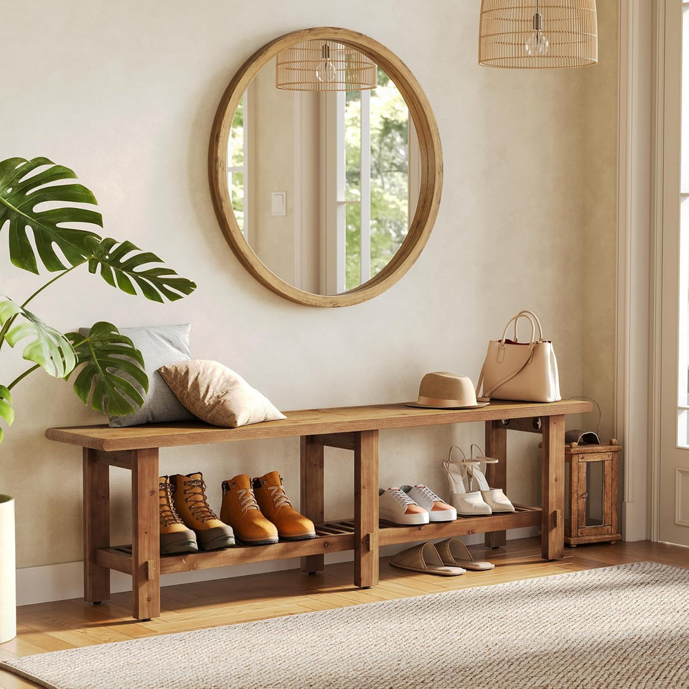 LITTLE TREE Solid Wood Entryway Shoe Bench, 63" Farmhouse Narrow End of ...