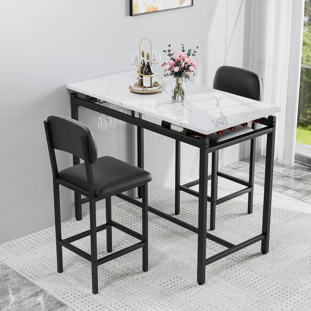 47" 3 Piece Bar Table Set with 2 Padded Chairs for Small Spaces Black | ...