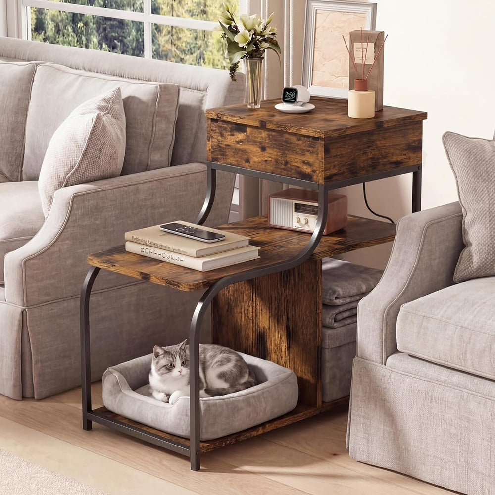 End Table with Charging Station, 3-Tier Sofa Side Table Sliding Top for Livin...