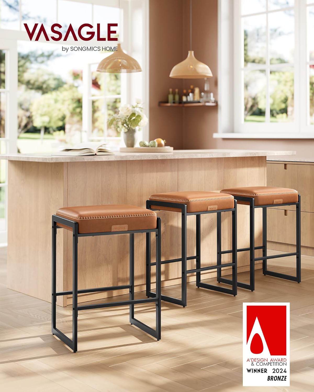 VASAGLE EKHO Collection - Bar Stools Set of 3, Counter Height Bar Stools, Synthetic Leather with Stitching, Mid-Century Modern Counter Stools, 26-Inch Tall, Kichen Home Bar Dining Room, Caramel Brown