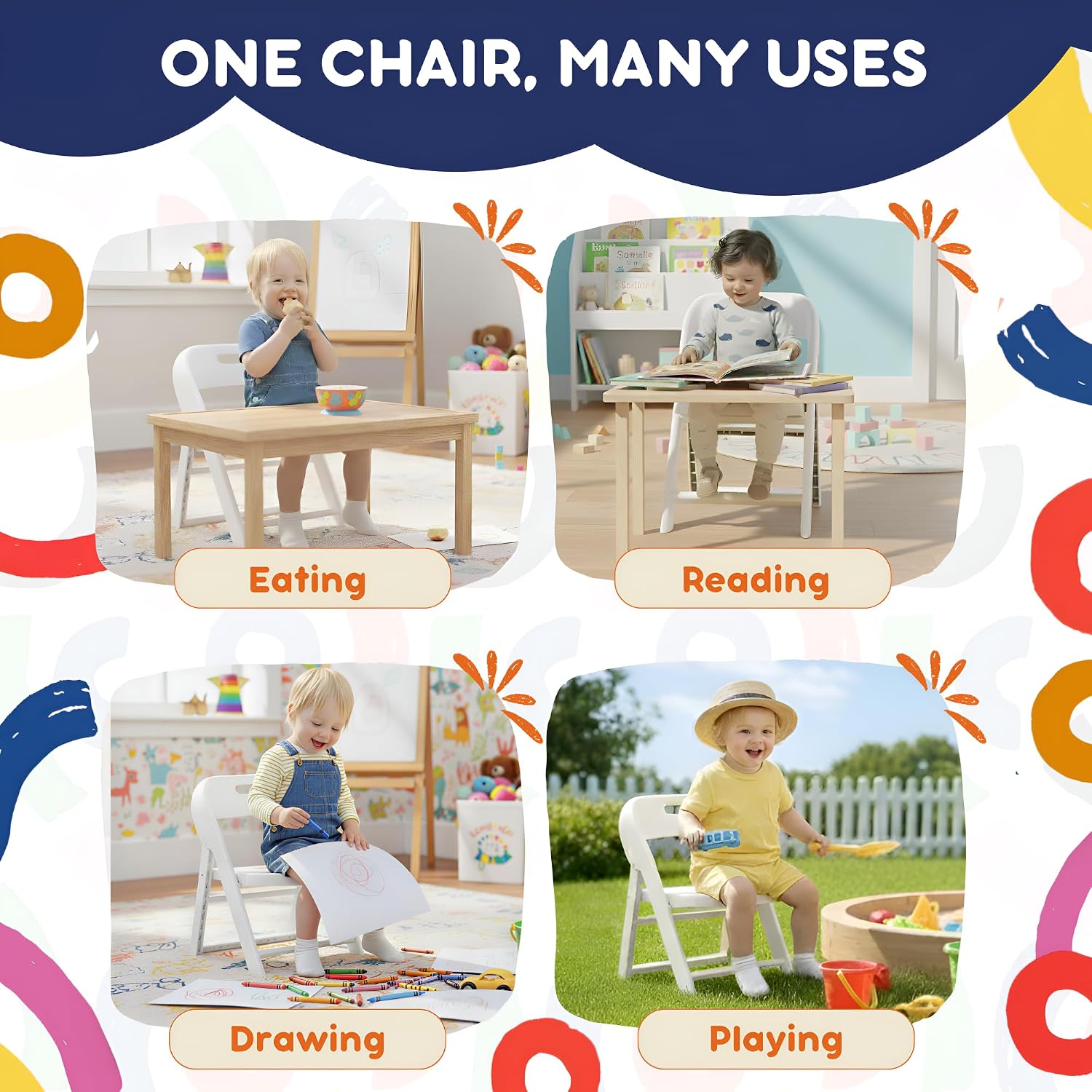 Giggle & Play Kids Folding Chair, 2 Pack - Toddler Beach & Camping Chair | Portable Folding Chairs for Kids & Toddlers, Lightweight for Beach, Camping & Sturdy Backrest, Easy Fold - White