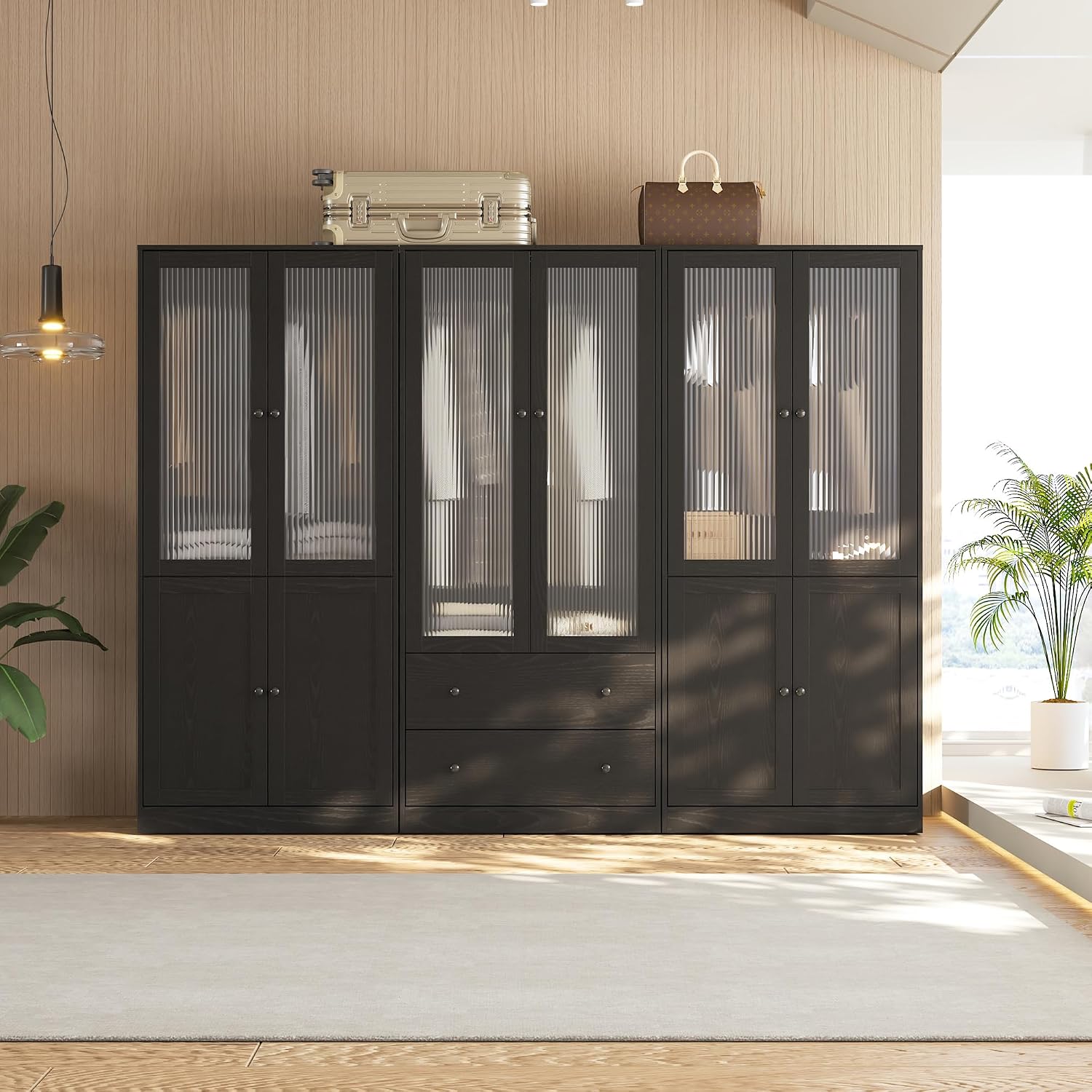 VOWNER 20“D Armoire Wardrobe Closet with Fluted Glass, 71" H Clothing Storage Cabinet with Hanging Rod, 4 Soft-Close Doors Wooden Wardrobe Cabinet for Bedroom, Large Capacity Storage Black(CCA)
