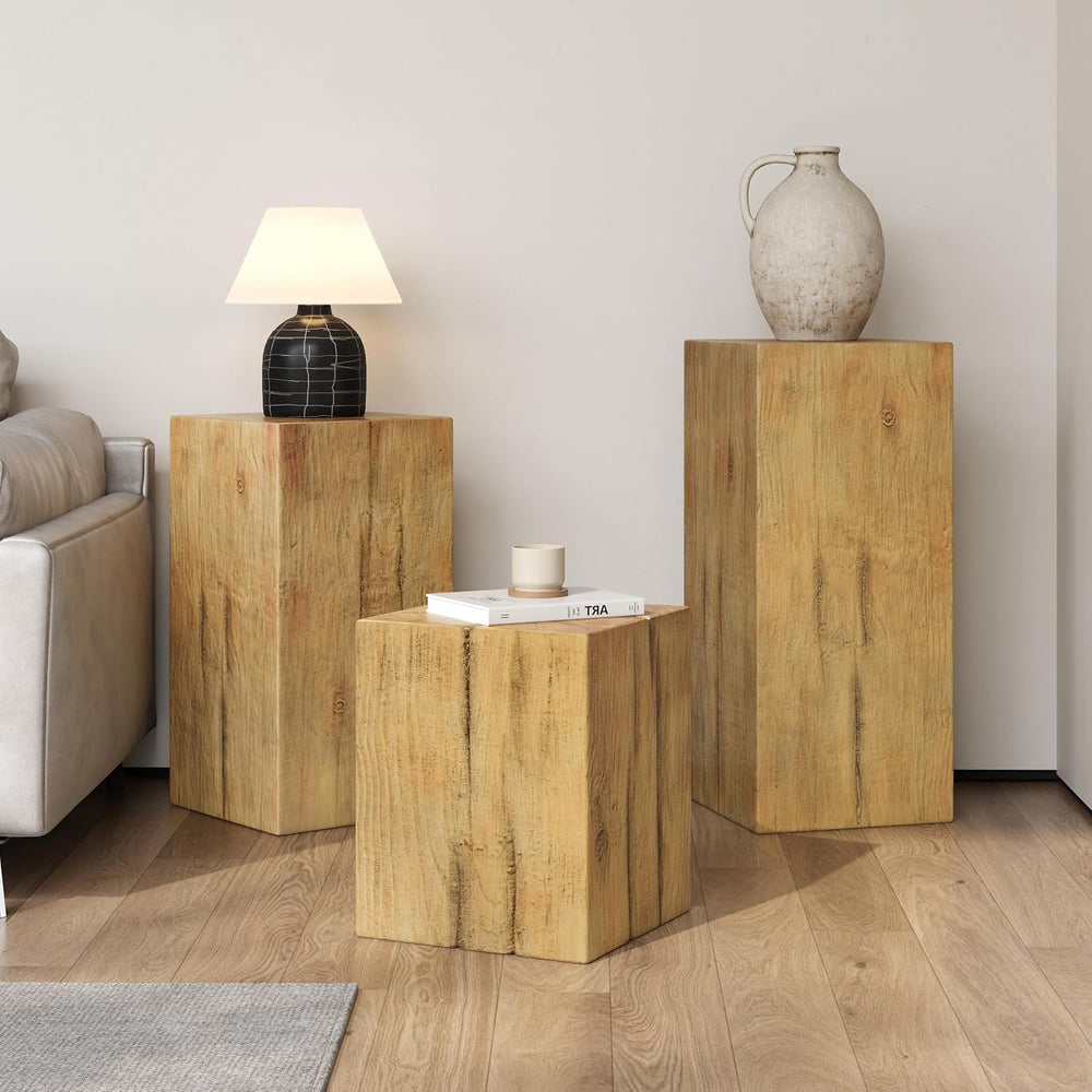 Retro Natural Style Side Table Set of 3,Stackable End Tables,Square-Column MG...