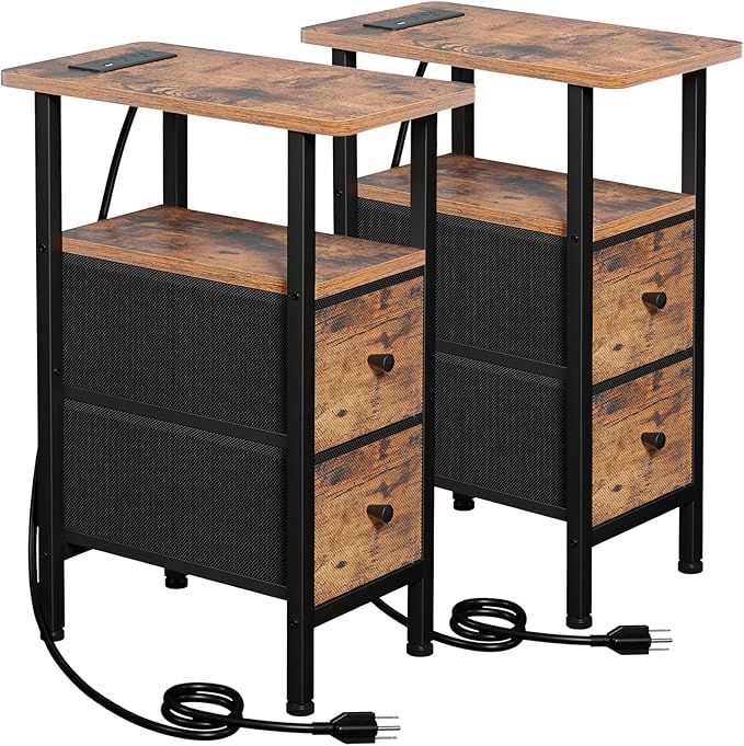 Narrow End Tables Living Room Set of 2 with Charging Station, Skinny Side Tab...
