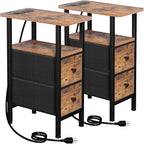 Narrow End Tables Living Room Set of 2 with Charging Station, Skinny Side Table with Fabric Drawers, Slim Nightstand for Bedroom, Small Spaces, Couch, Brown, HETNDP02BR