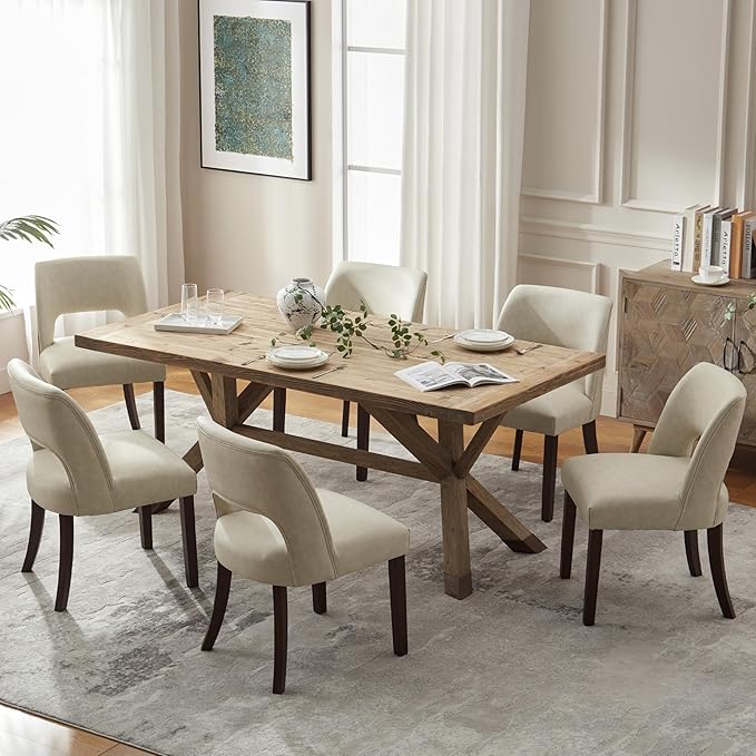 VKNOW Modern Dining Chairs Set of 6, Faux Leather Upholstered Dining Room Chair Kitchen Chairs, Farmhouse Dinner Chair for Kitchen Dining Room, Beige