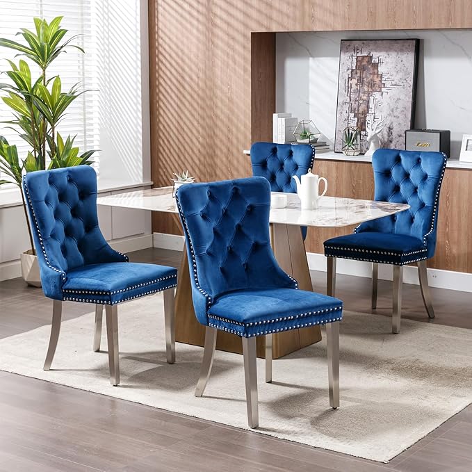 Luxury Upholstered Dining Chairs Set of 8, Blue Kitchen Chair with Silver Met...