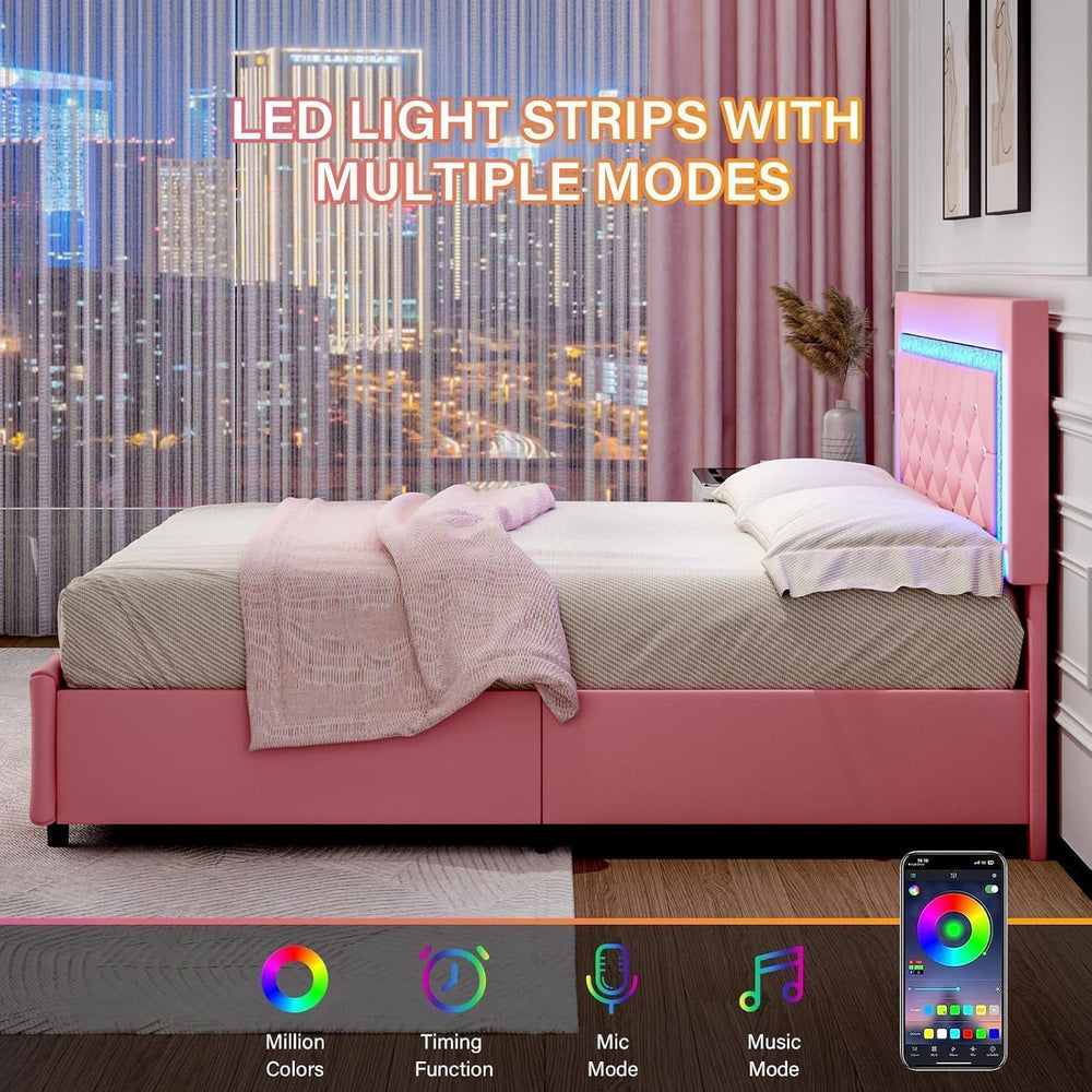 BarnFurin Full Size Bed Frame with LED Headboard and Storage Drawers,Pink