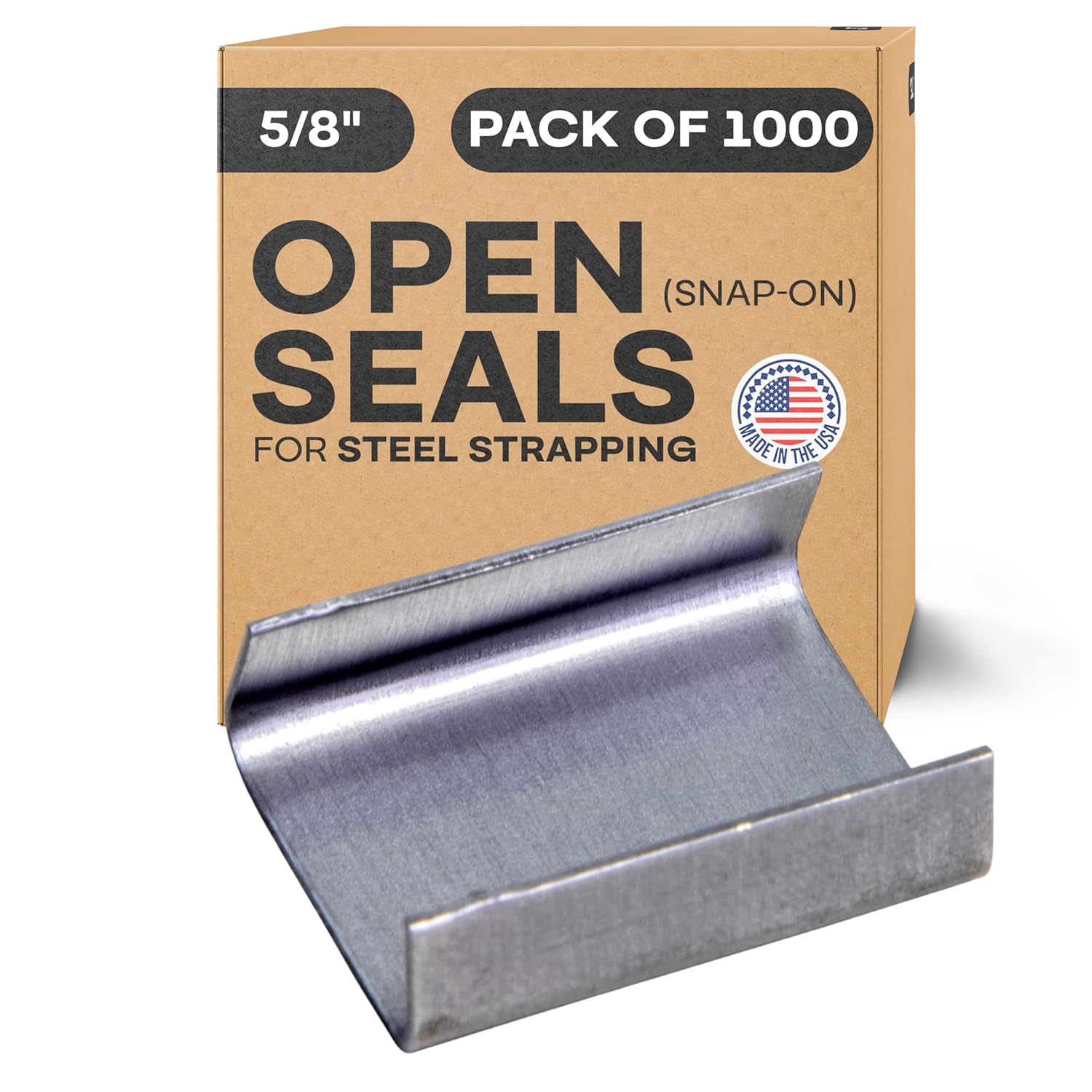 IDL Packaging Open (Snap-On) Seals for 5/8" Strap Width Steel Strapping (Pack of 1000) - Superior Holding Power - Sturdy Metal Clips for Securing Heavy Packaging and Pallet Banding