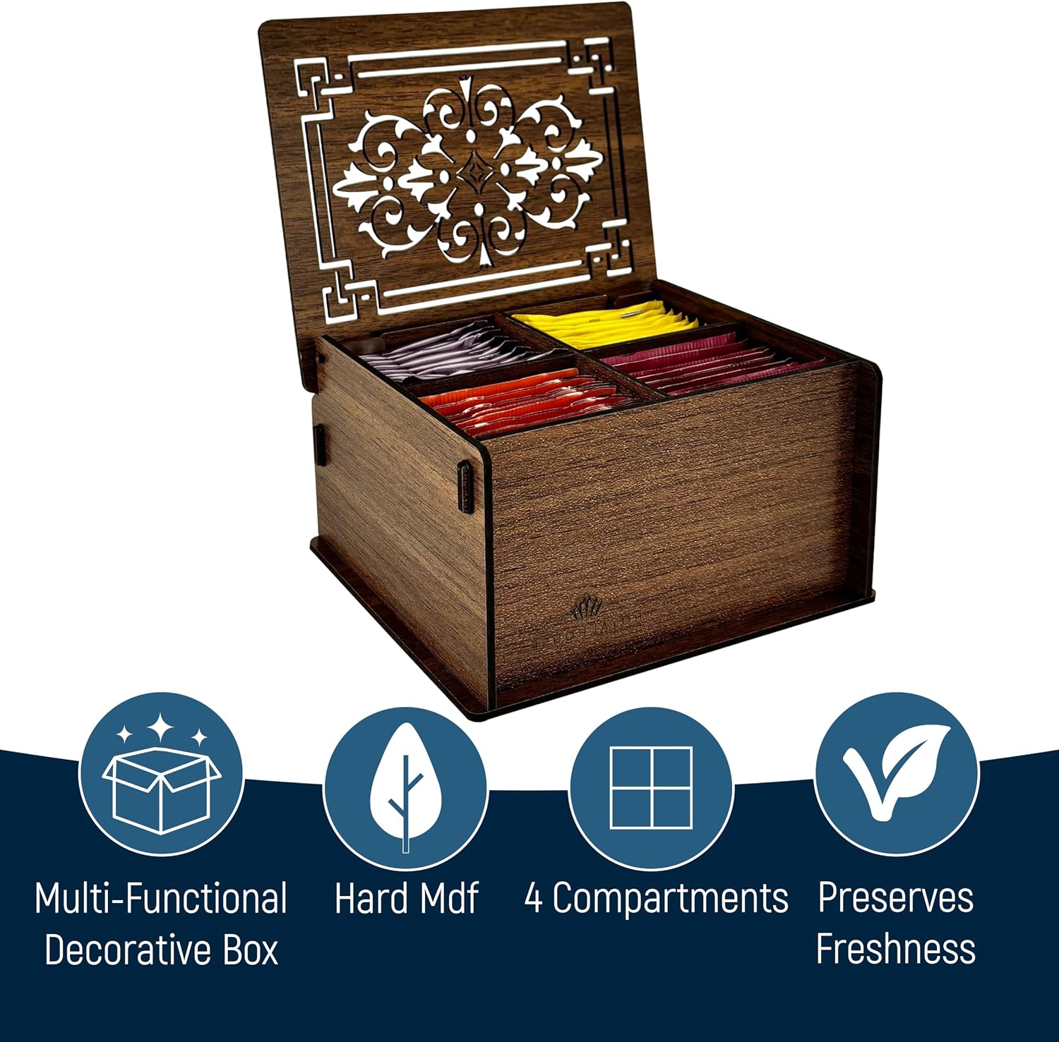 RoyalHouse Premium Wood Tea Storage Box Organizer, Tea Bag Holder Containers (Brown), Eco-Friendly Multi-Functional Decorative Box, 4 Compartments For Assorted Variety Of Small Items | Eco Friendly Design,Functional Organizer,Perfect for Tea Bags & Small