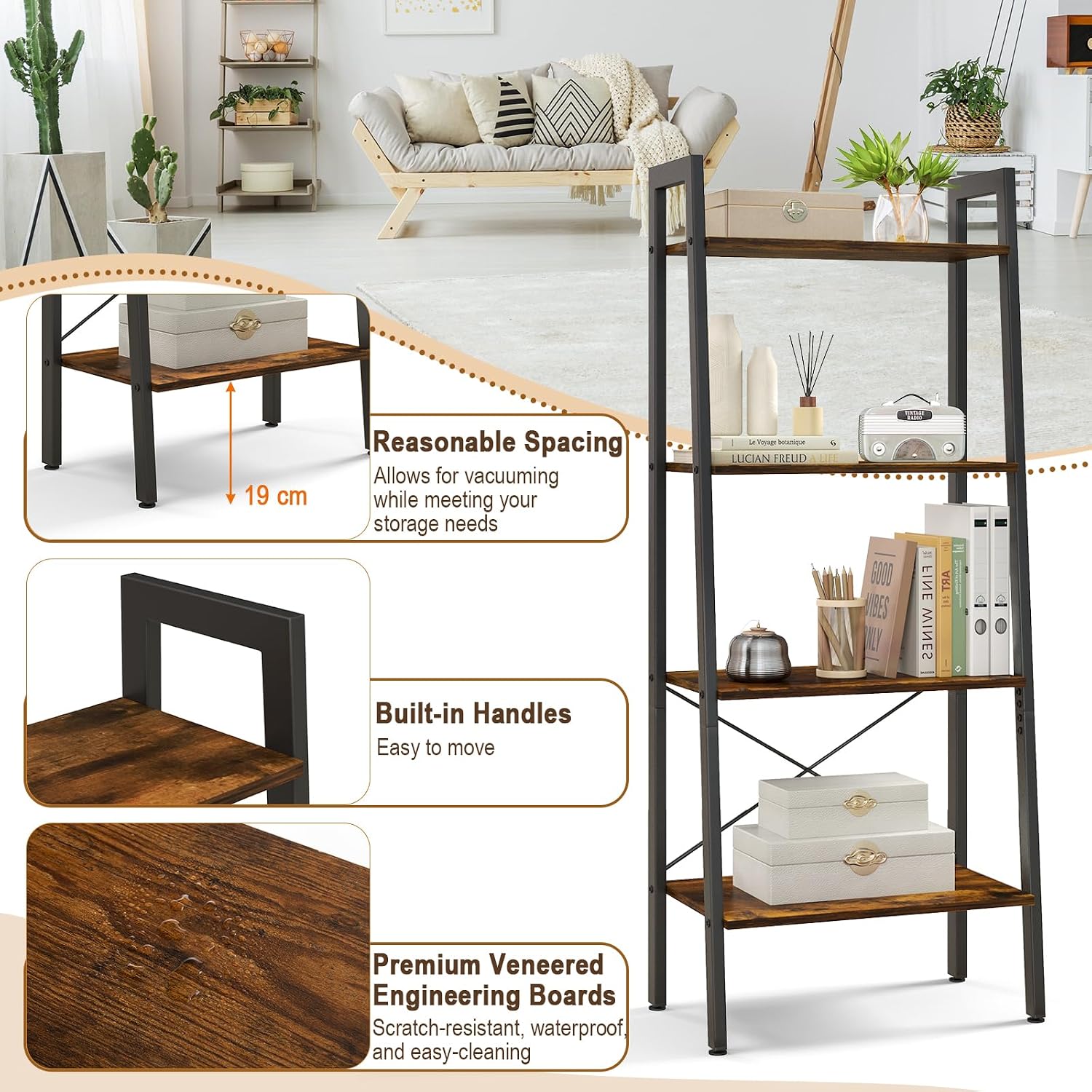 Vintage Ladder Shelf, 4/6 Tiers Wooden Industrial Storage Rack with Adjustable Footpads, Home Office Display Bookshelf Plant Stand for Living Room Bedroom (56 x 32 x 138 cm, Rustic Brown)