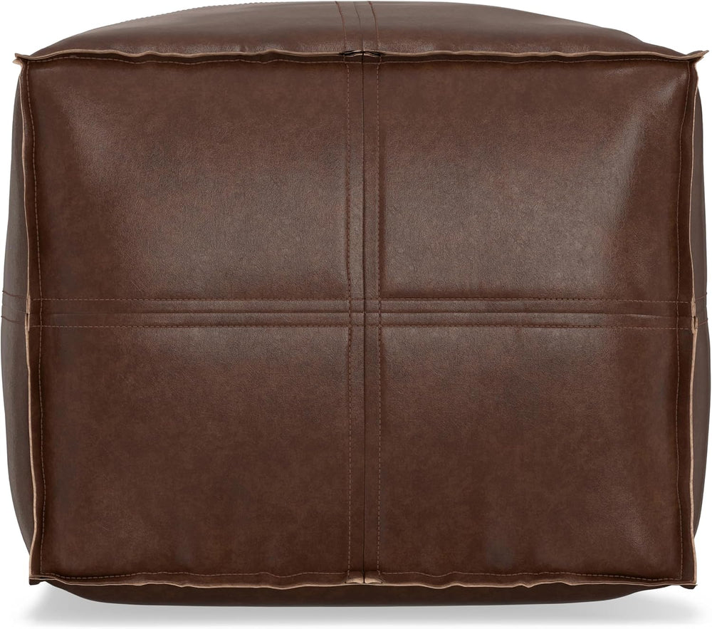 SIMPLIHOME Brody 18" Wide Square Pouf in Distressed Dark Brown Faux Leat...