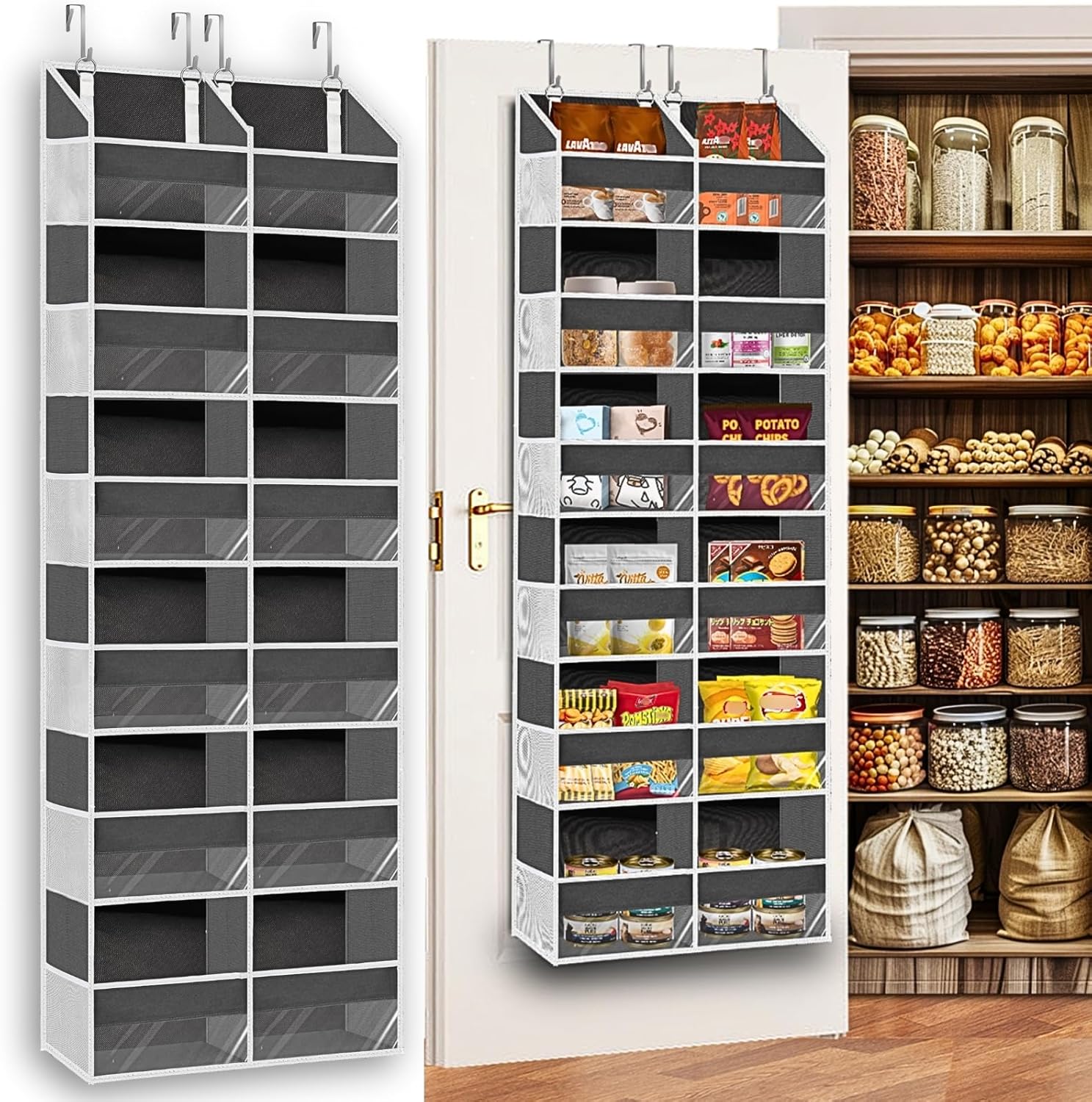 Over the Door Organizer 6 Tiers, Extra Large Behind Door Storage of 12 Compartments, 80 lbs Weight Capacity Hanging Storage Organizer with Clear Window Kids Toys, Shoes, Diapers, Room storage