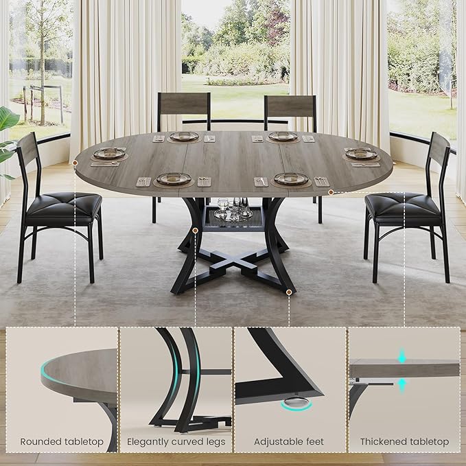 Itaar Round Extendable Dining Table Set for 4-6 People, 5-Piece Kitchen Table Set with 4 Cushion Chairs, Dining Room Table for 6 with MDF Board & Metal Frame for Small Space, Easy Clean, Grey