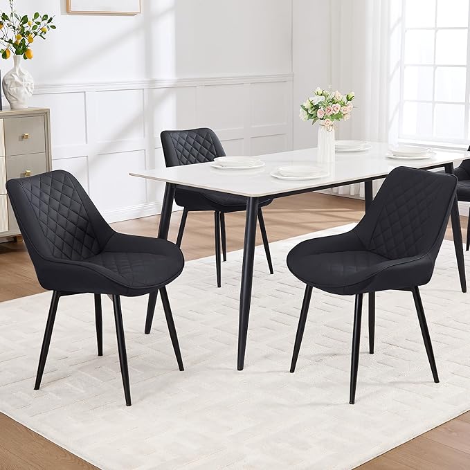 Dining Chair Set of 3, Modern Dining Chairs with Thick Cushions, Faux Leather Upholstered Kitchen Dining Room Chairs with Metal Adjustable Legs for Dining Living Room, Black