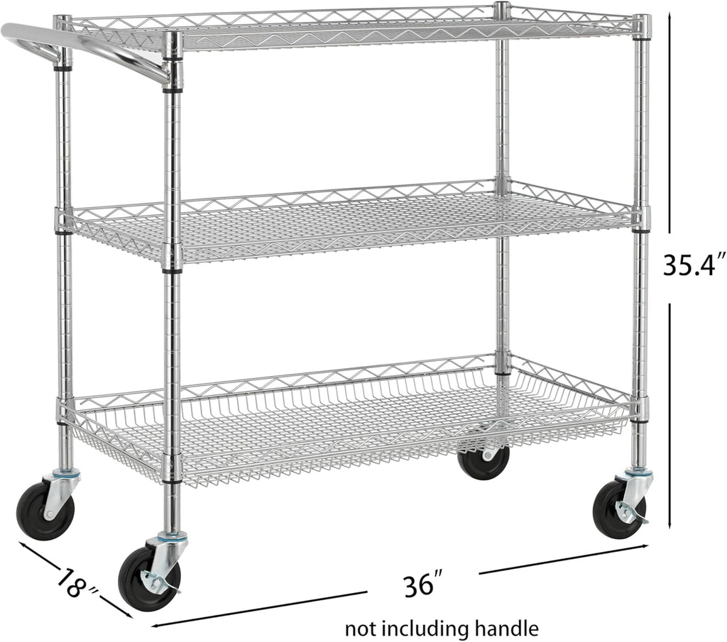 Finnhomy 3 Tier Heavy Duty Commercial Grade Utility Cart, Wire Rolling Cart with Pushing Handle Bar, Steel Metal Kitchen Service Trolly with Wheels, Shelf Size 18" D x 36" W, NSF, Chrome