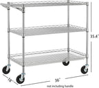 Finnhomy 3 Tier Heavy Duty Commercial Grade Utility Cart, Wire Rolling Cart with Pushing Handle Bar, Steel Metal Kitchen Service Trolly with Wheels, Shelf Size 18" D x 36" W, NSF, Chrome
