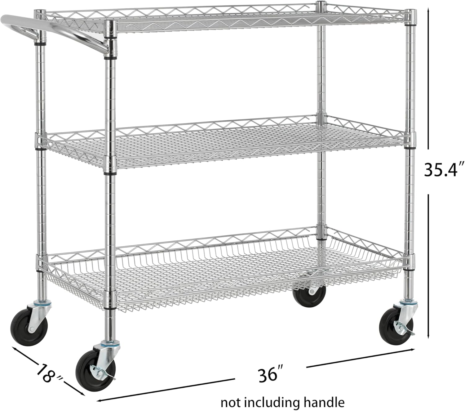Finnhomy 3 Tier Heavy Duty Commercial Grade Utility Cart, Wire Rolling Cart with Pushing Handle Bar, Steel Metal Kitchen Service Trolly with Wheels, Shelf Size 18" D x 36" W, NSF, Chrome