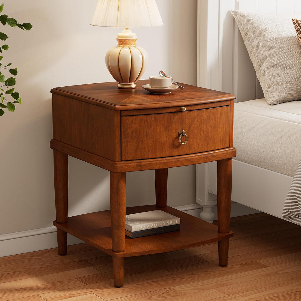 2 Tier Solid Wood Square End Table with Drawer, Wooden Sofa Side Table with P...