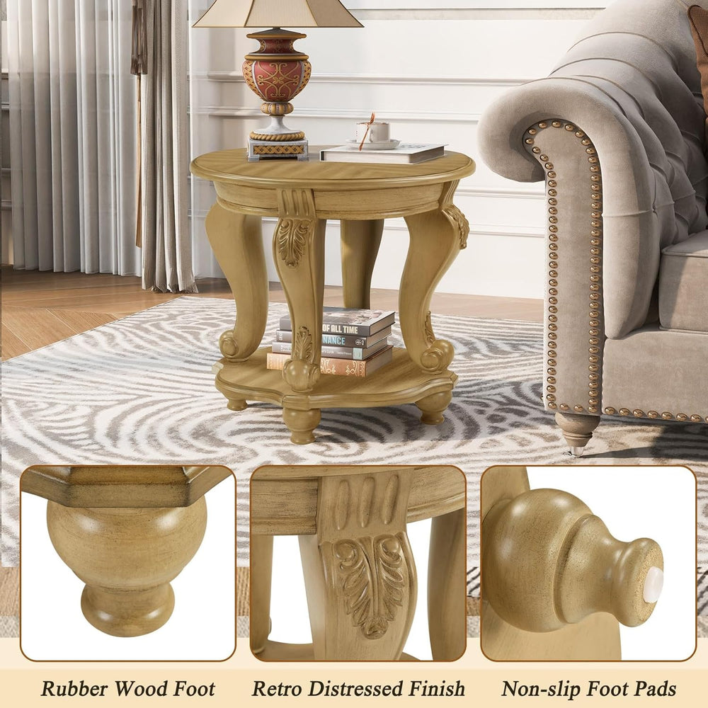 KEIKI Solid Rubber Wood Round Side End Table with Storage Shelf, Traditional ...