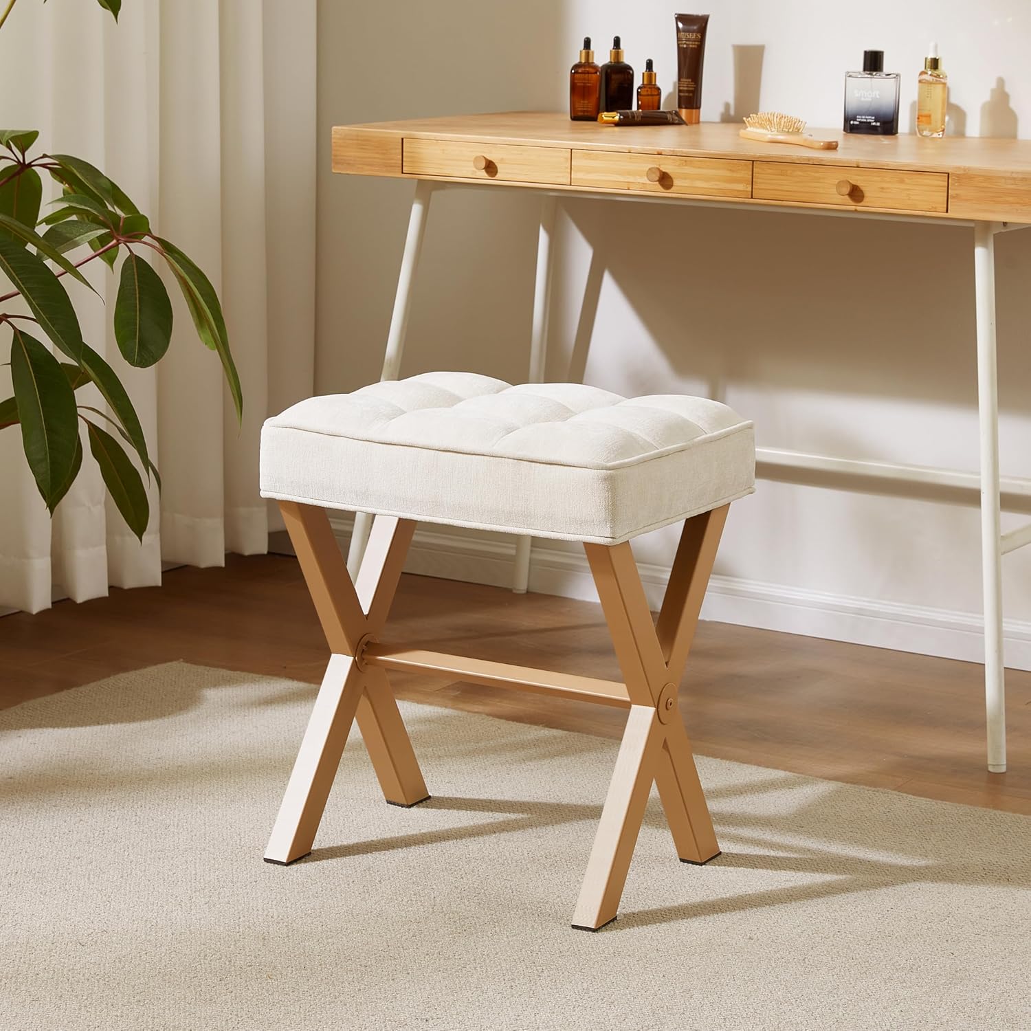 Royal Windsor Vanity Stool,Square Ottoman Stool Foot Rest,Upholstered Vanity Chair Foot Stool with Metal X Legs, Small Vanity Seat for Entryway,Bedroom and Living Room,Linen Beige