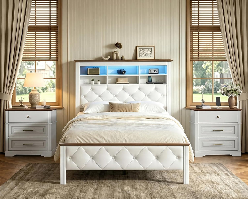 RALGEND 29.5" Tall Nightstand with Charging Station, 3 Drawer Farmhouse Night Stand, 27.6" Wide End Table with Storage, Large Bedside Table for Bedroom Living Room, White and Walnut