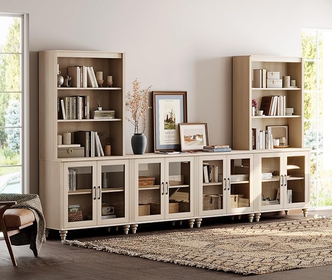 WAMPAT Entertainment Center with Bookshelves for TVs up to 75", Farmhouse Wall Unit TV Stand with Glass Doors, Media Console Table for Living Room, Bedroom & Home Theater, Light Oak