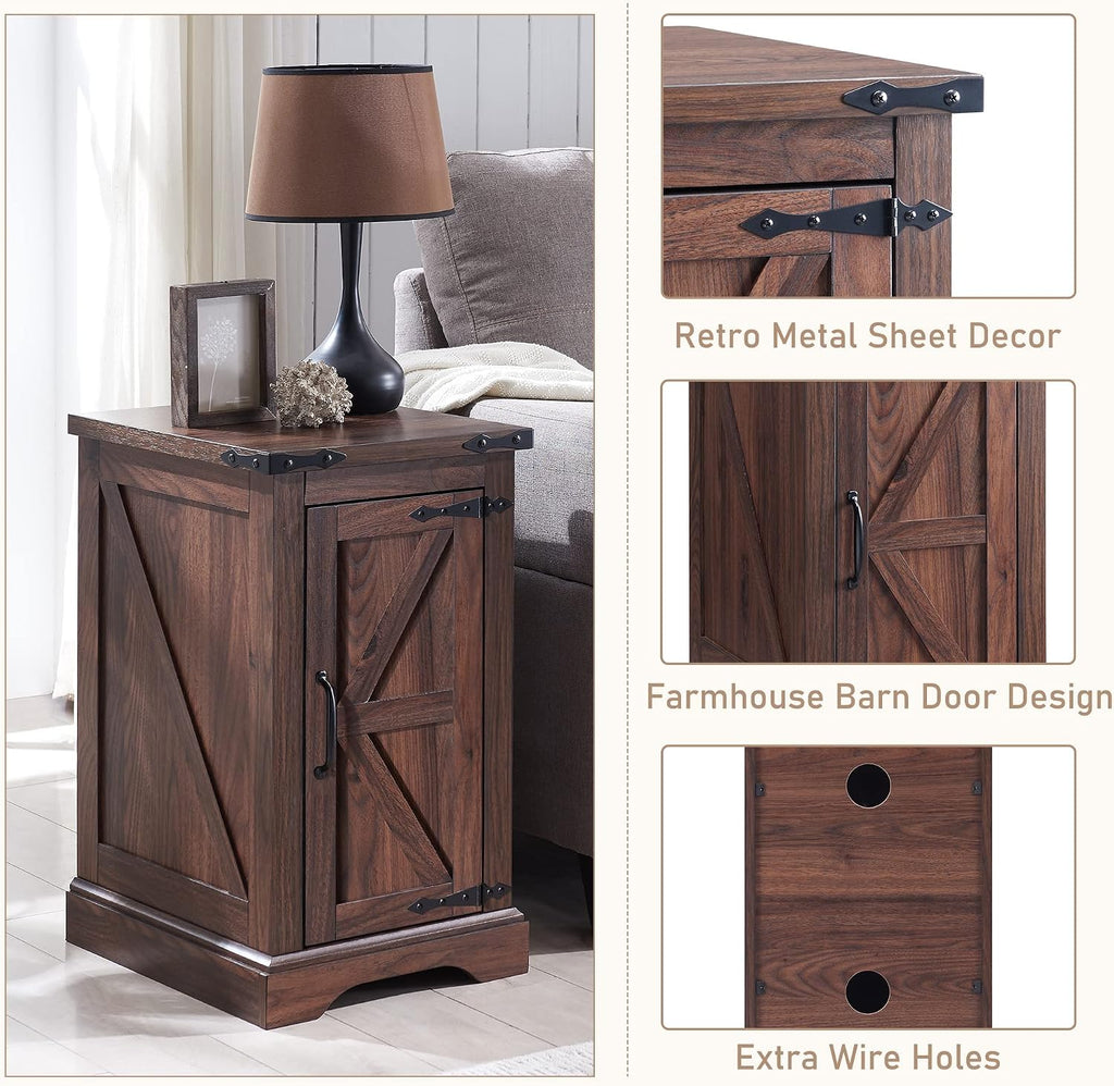 JXQTLINGMU Farmhouse 17" Nightstand Set of 2, Brown | Rectangular/ Rustic End Table with Barn Door /Adjustable Shelf/ Wood Sofa Side Table/ for Living Room, Bedroom