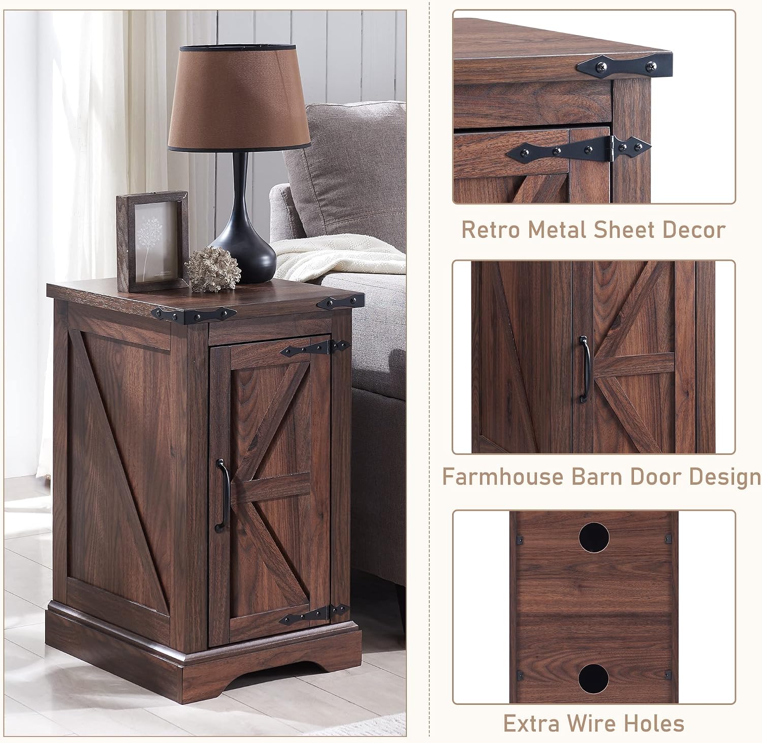 JXQTLINGMU Farmhouse 17" Nightstand Set of 2, Brown | Rectangular/ Rustic End Table with Barn Door /Adjustable Shelf/ Wood Sofa Side Table/ for Living Room, Bedroom