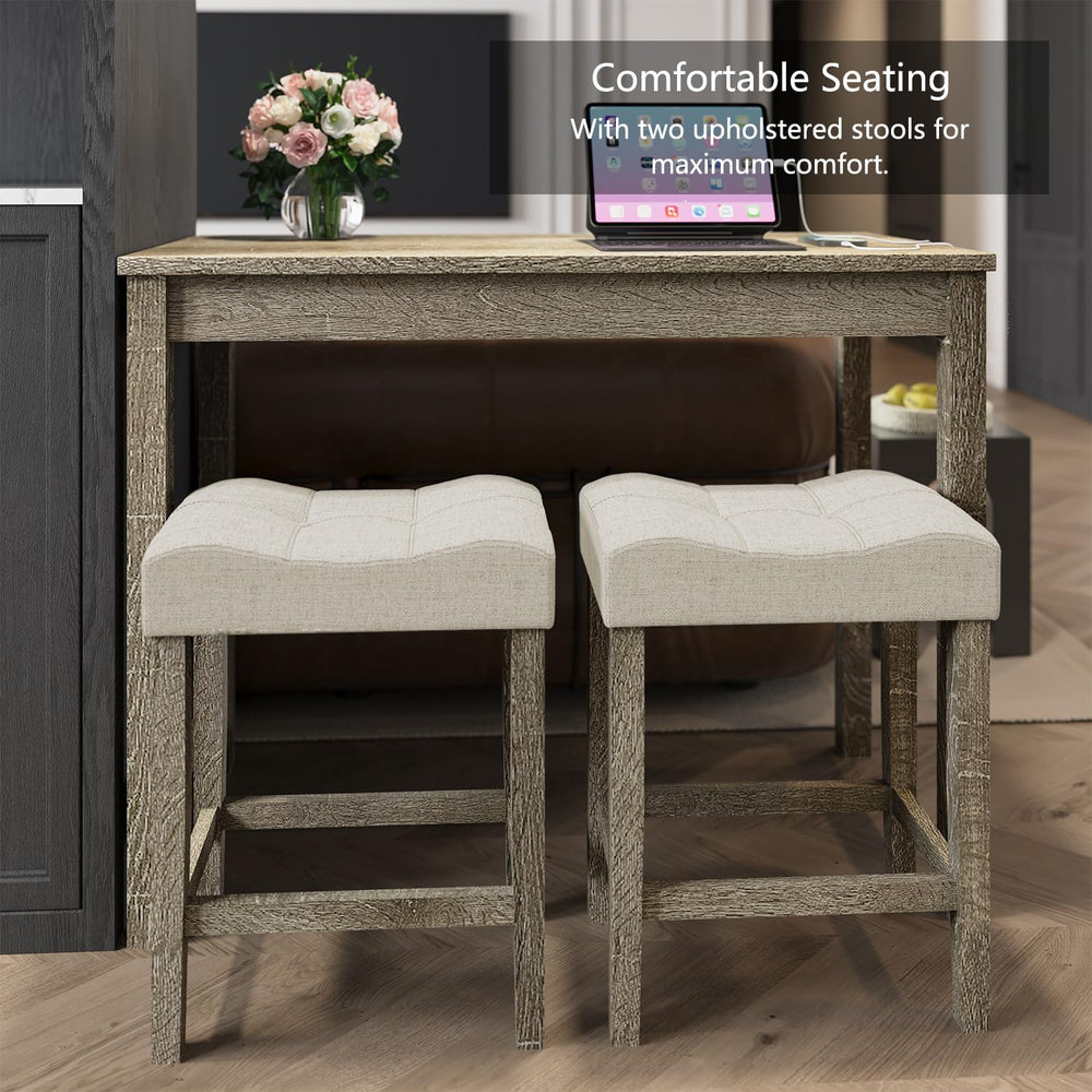 allamazing 3-Piece Counter Height Bar Table Set with Socket and 2 Fabric Padd...