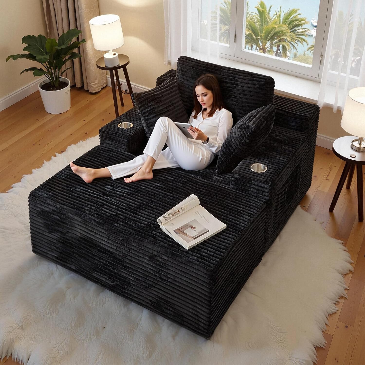 66" Chaise Lounge Chair Indoor,Oversized Boneless Single Sleeeper Couch Bed,Cloud Sofa with 3 Soft Pillows for Livingroom,Bedroom,No Assembly (Black, 66inch)
