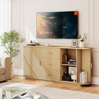 ONBRILL 63" Fluted Sideboard Buffet Cabinet with 3 Drawers & 2 Doors, Mid-Century Modern Buffet Sideboard Cabinet with Storage, Coffee Bar Table with Adjustable Shelf for Kitchen, Living Room, Oak