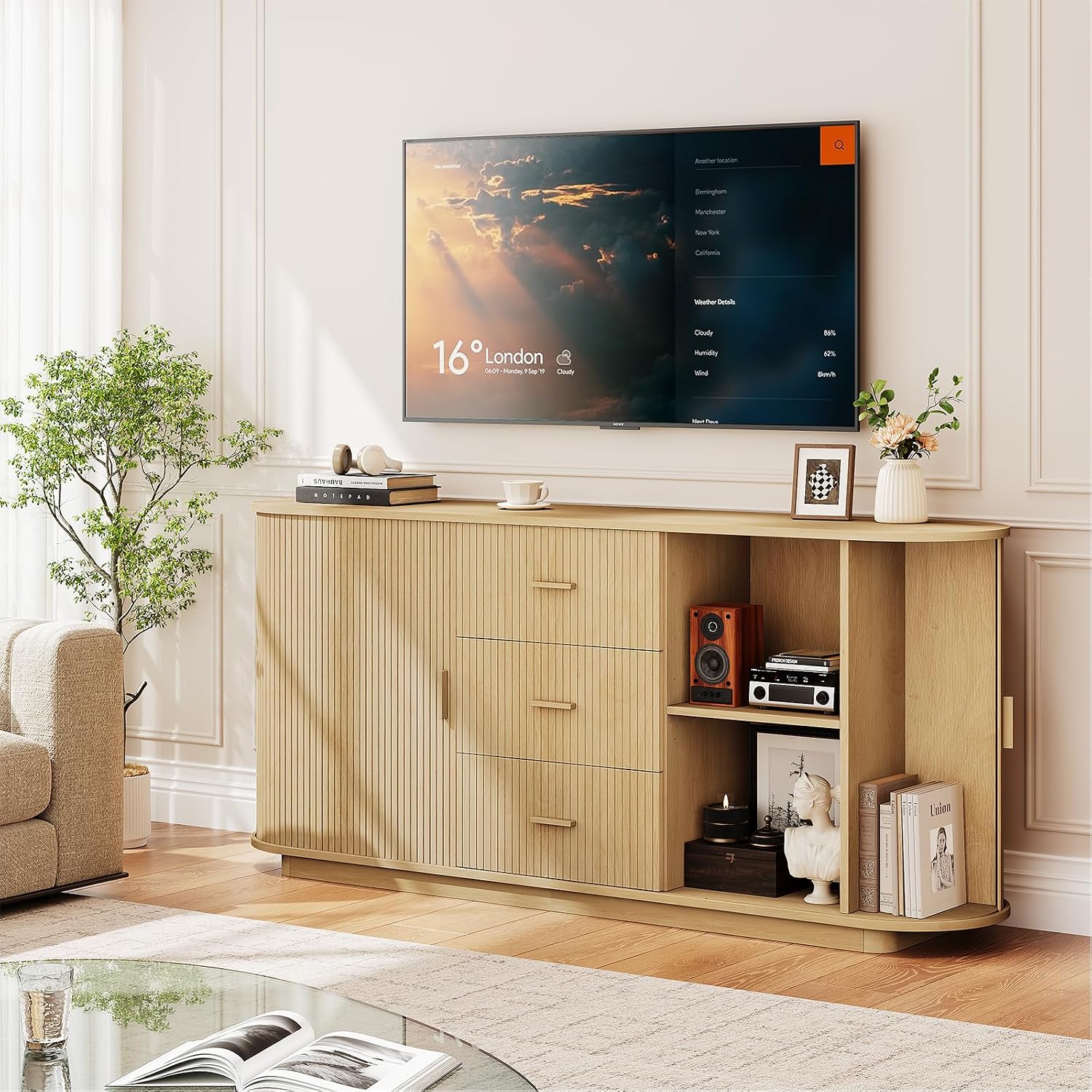 ONBRILL 63" Fluted Sideboard Buffet Cabinet with 3 Drawers & 2 Doors, Mid-Century Modern Buffet Sideboard Cabinet with Storage, Coffee Bar Table with Adjustable Shelf for Kitchen, Living Room, Oak