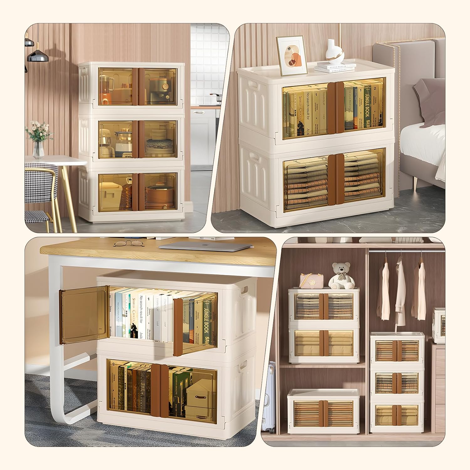 FAHKNS 3 Pack 8.4 Gallon Collapsible Storage Boxes, Lidded Storage Box with Door and Wheels for Books, Towels and Clothes, Folding Storage Box for Home