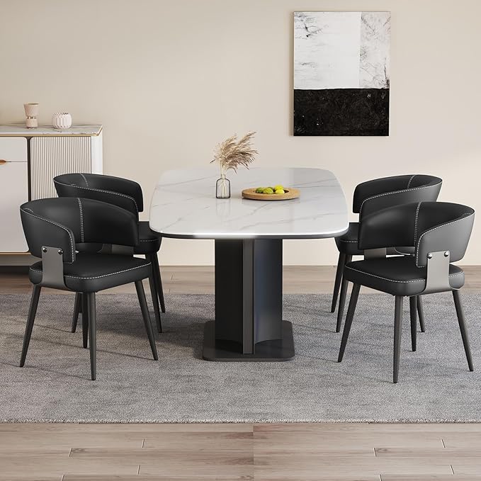Modern Dining Chairs Set of 4, Upholstered Faux Leather Kitchen Side Chairs with Curved Open Back, Easy Assembly for Dining Room, Restaurant, Cafe, Black