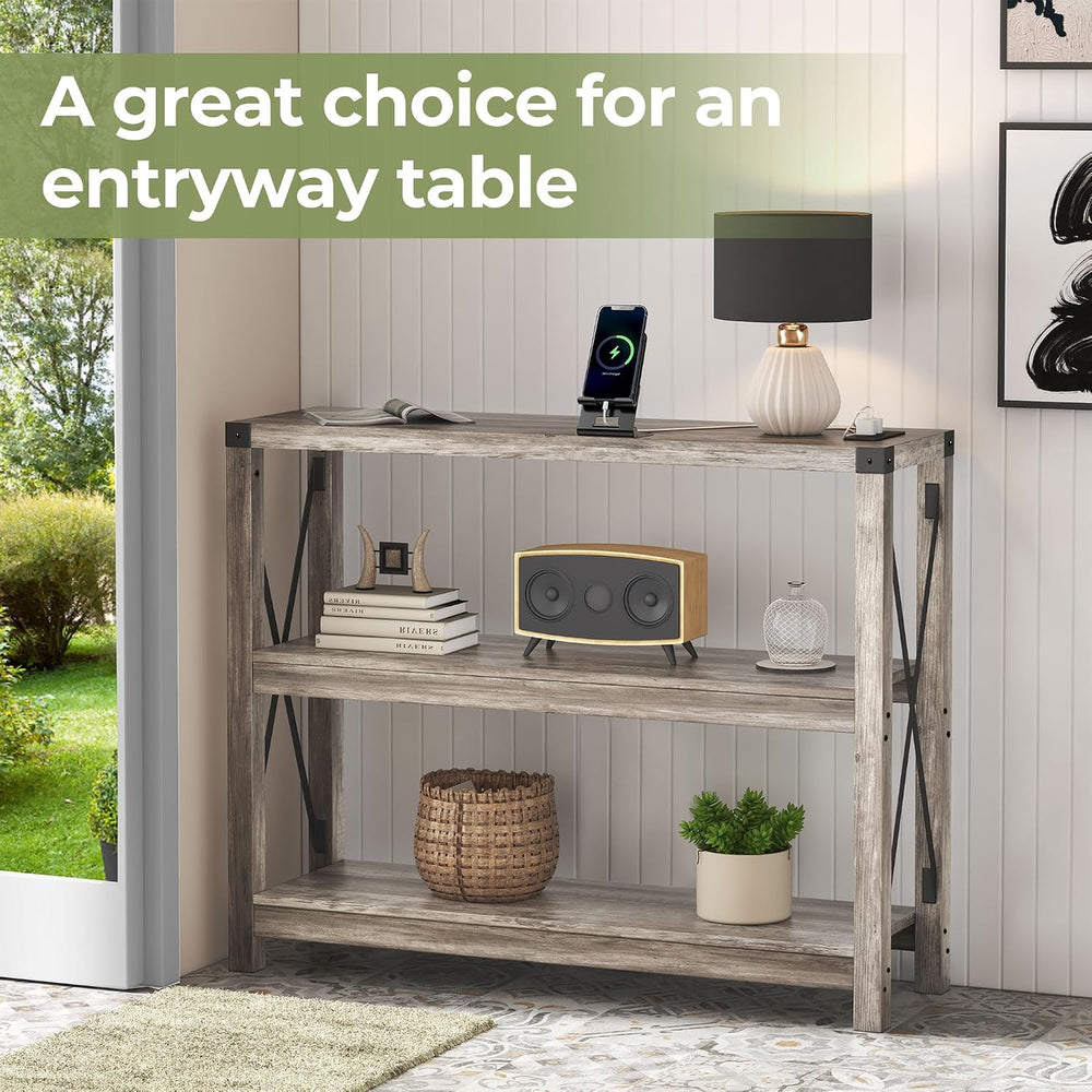 Entryway Table with Outlets and USB Ports, Console Table with 3-Tier Open Sto...