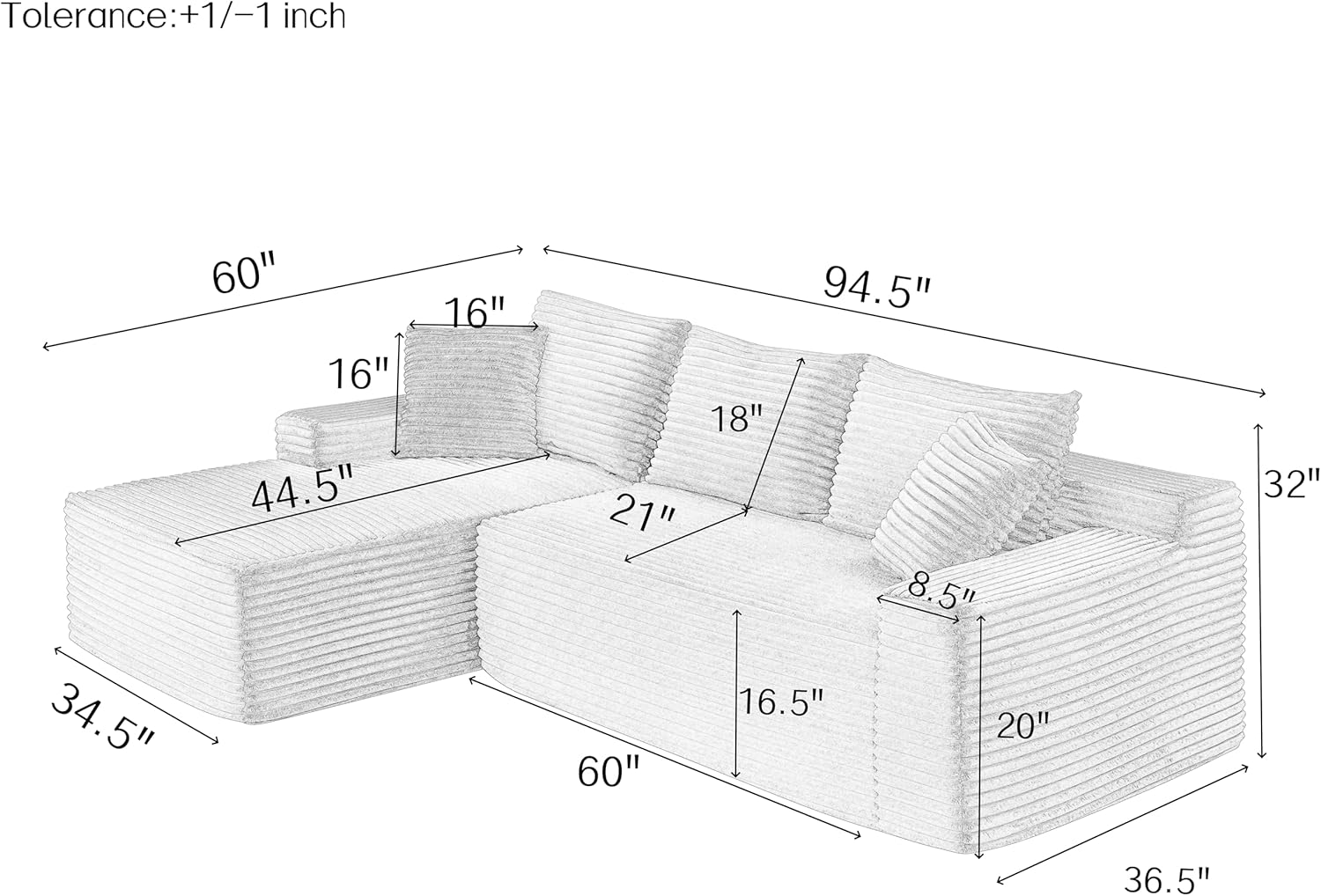 95" L-Shaped Cloud Sectional Couch, Left Facing Modular Compressed Boneless Sectional Sofa with Chaise Lounge, Plush Corduroy Boneless Corner Sofa for Living Room